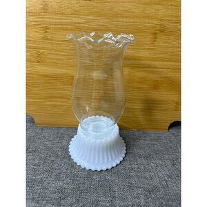 Vintage Glass Hurricane Clear Shade w/ Milk Glass Hobnail Base Candle Holder